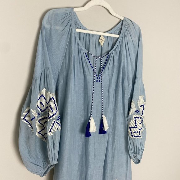 Benaras by Citrus Embroidered Boho Maxi Dress Blue Long Balloon Sleeves Belted - Picture 2 of 11